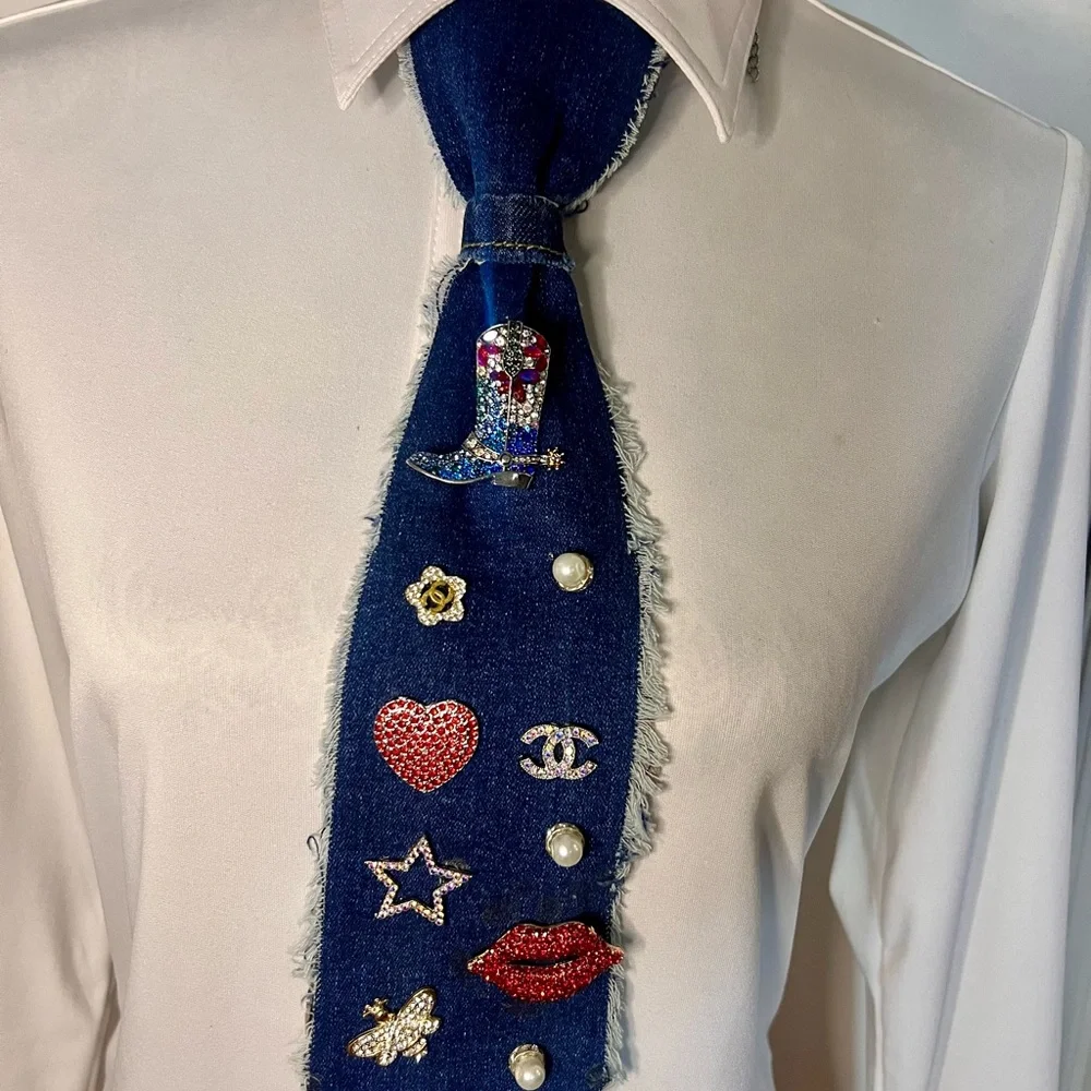Denim Tie necklaces with Colorful embellishments. - Picture 2 of 4